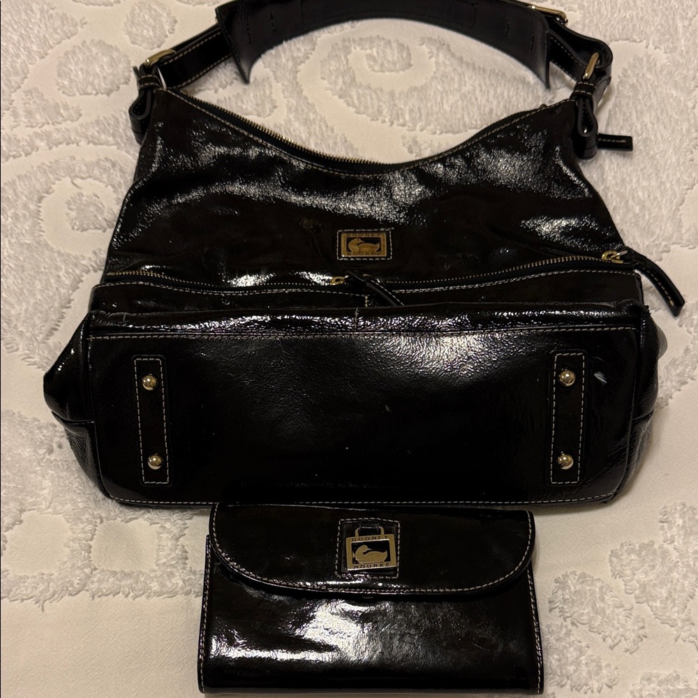 Black patent Leather Dooney and Bourke hobo bag and matching wallet